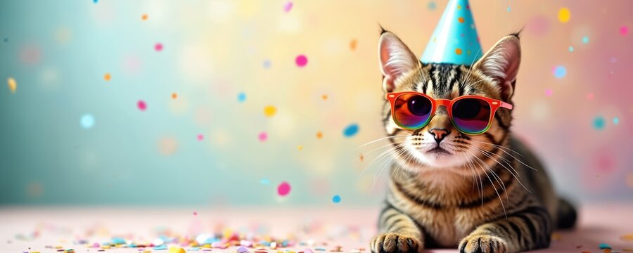 Cute cat with party hat, colorful sunglasses poses against vibrant background. Cheerful feline at birthday party celebrating with accessories confetti. Fun animal portrait for invitations cards