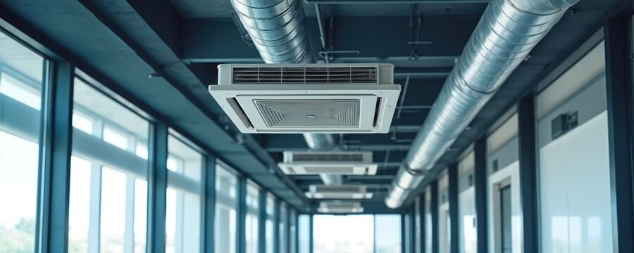 Modern air conditioning units, metal ventilation ducts visible on ceiling of contemporary building interior. Office hallway features large windows, providing natural light. Systems provide optimal