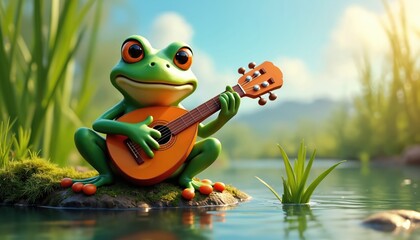 Cartoon frog plays mandolin near water. Frog character enjoys musical performance. Cute amphibian performs on a sunny day. Nature scene with playful animal. Music creates joyful mood.