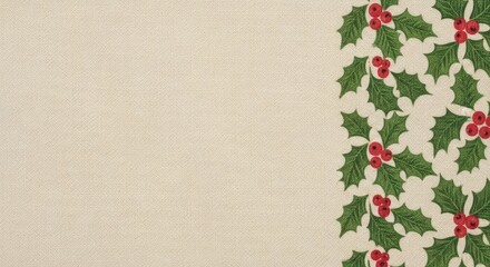 Christmas holly pattern on textured fabric background