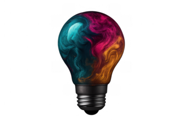 Light bulb with vibrant flowing colors representing creativity, innovation, and diverse ideas on a transparent background