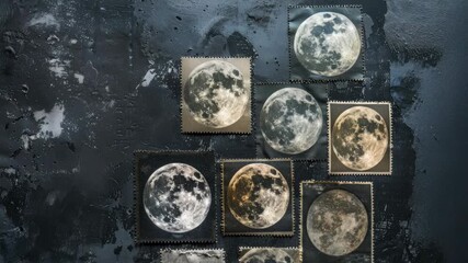 Multiple moon-themed stamps arranged on dark background