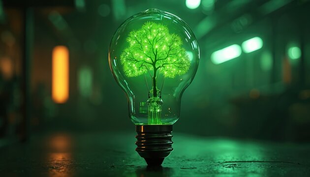Illustration of green tree growing inside electric light bulb. Concept of eco-friendly energy, sustainable tech. Nature merges with innovation. Energy efficiency, environmental protection concept.