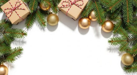 Christmas fir branches with gifts and baubles