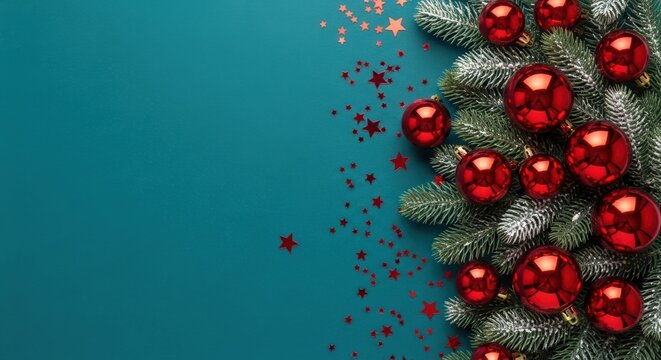 Christmas tree branch with red ornaments and confetti