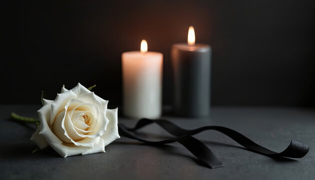 White rose black ribbon near burning candles. Elegant dark photo for funeral, remembrance or memorial. Romantic scene with tender flower and flames. Grief concept for design or article.