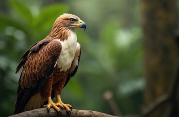 Naklejka premium Philippine eagle perches on tree branch in rich green jungle forest. Majestic wild bird observes natural habitat with eye. Rare raptor predator lives in tropical Mindanao environment. Wildlife