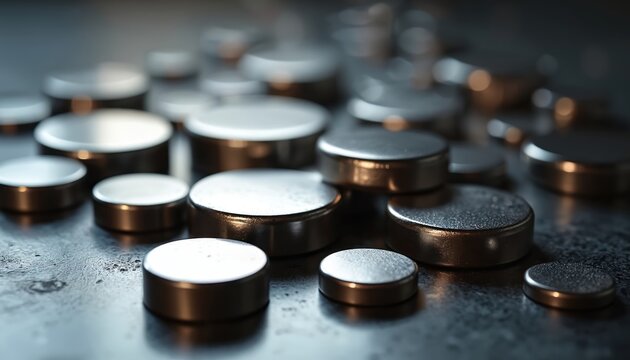 Many strong neodymium magnets of different sizes lie scattered on dark, textured metal surface. Powerful rare earth discs highlight industrial tech, energy, modern manufacturing processes. Magnetic