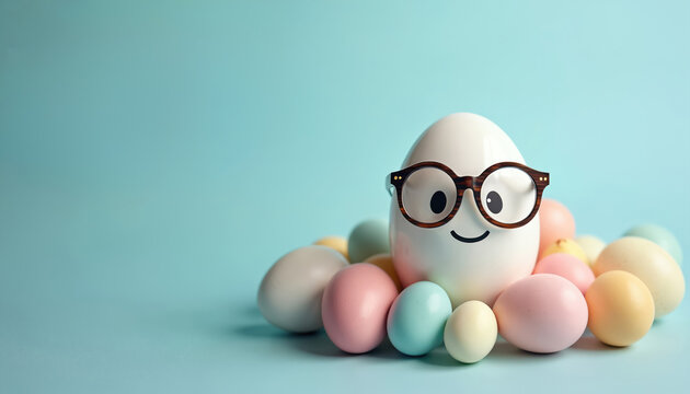 Happy smiling egg with glasses sits among pastel colored eggs. This cheerful character is perfect for spring holiday themes and Easter celebrations.