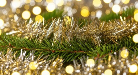 Close up of a christmas tree branch with gold tinsel