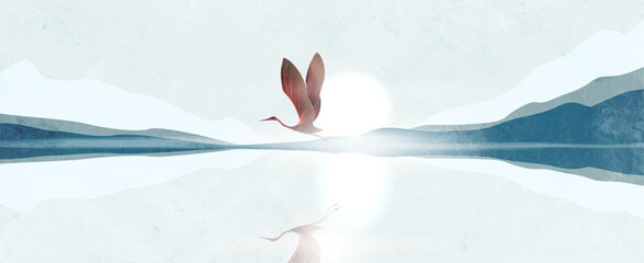 Landscape art background with mountains, a lake, and a crane against the sun. Vector nature banner for decor, prints, wallpaper, textiles, posters, and packaging.