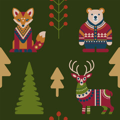 Seamless pattern with wild animals and fir trees