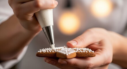 Closeup of hands decorating gingerbread with icing