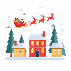 Flat Vector Christmas Eve Scene with Santa, Sleigh, and Snowy Village