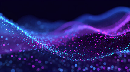 Abstract futuristic digital waves background. Purple and blue waves of neon glowing particles flowing with bokeh. Information technology concept, data science, AI. Gradient waves. Stock Illustration