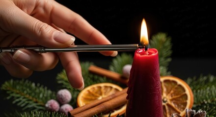 Lighting a red candle with fir branches and spices