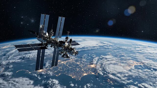 An orbital outpost with large solar arrays gracefully flying in low earth orbit, offering a stunning view of the planet, swirling clouds, and illuminated cities below