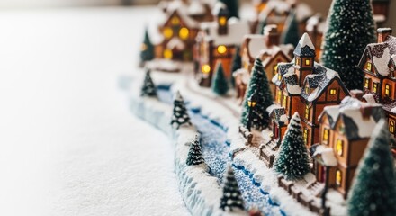 Miniature winter village with glowing lights and snow