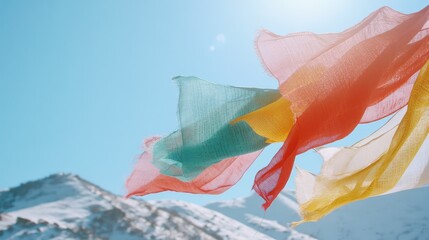 A colorful flag is flying in the sky