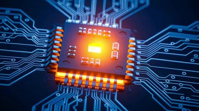 Motherboard close up on a brightly glowing microchip (CPU/GPU) with intense orange light, symbolizing processing power and speed.