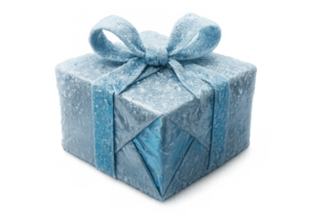 Blue gift box covered in frost and snow, symbolizing winter holidays, christmas, and celebration, transparent background