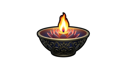 Ornate Lotus Flower Oil Lamp, with Burning Flame, cutout, PNG isolated on transparent background