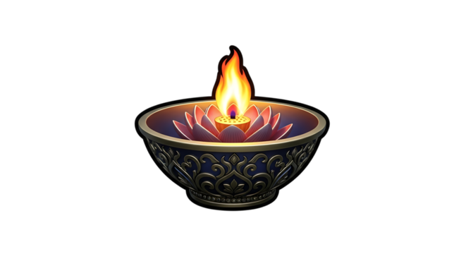 Ornate Lotus Flower Oil Lamp, with Burning Flame, cutout, PNG isolated on transparent background
