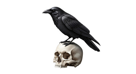 Naklejka premium Black raven, perched on a detailed human skull with a dark background, cutout, PNG isolated on transparent background