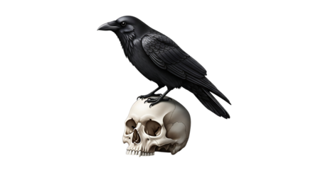 Black raven, perched on a detailed human skull with a dark background, cutout, PNG isolated on transparent background