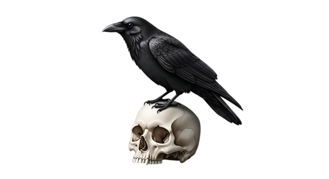 Black raven, perched on a detailed human skull with a dark background, cutout, PNG isolated on transparent background