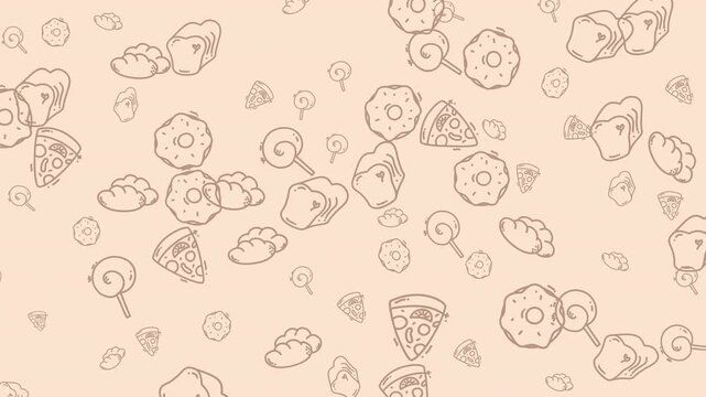 Playful Seamless Pattern featuring outlined food elements like pizza, donuts, lollipops and bread