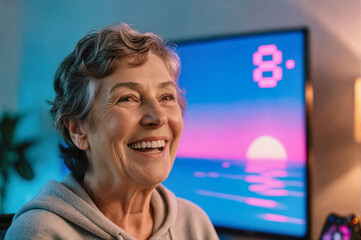 A smiling older woman with short gray hair wearing a hoodie, looking at a retro-style video game screen displaying a number eight and a sunset scene.