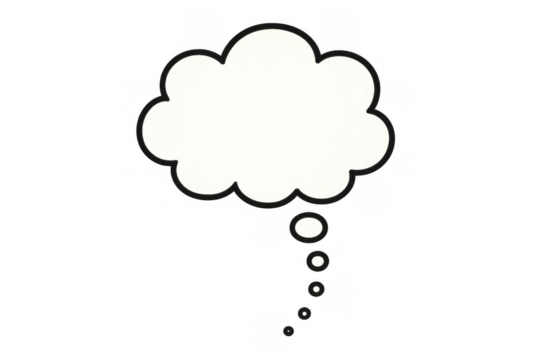 Thinking process concept with a comic style blank white thought bubble forming an idea cloud on transparent background