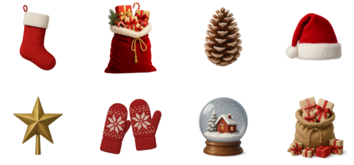 Christmas elements pack — stocking, Santa hat, velvet gift bag, pine cone, gold star topper, knitted mittens, snow globe, jute sack with gifts, PNG transparent
