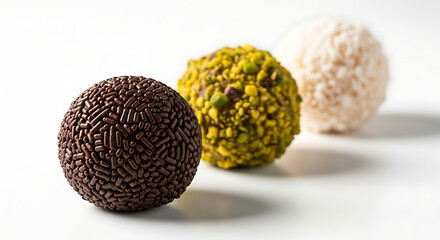 Three gourmet chocolate truffles with different toppings on a white background.