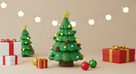 Festive Christmas scene with decorated trees, gifts, and string lights.