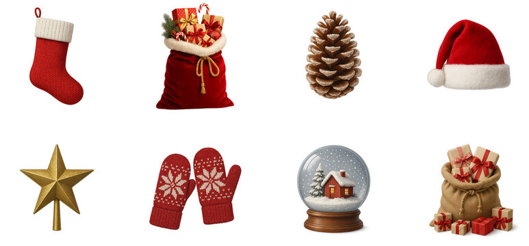Christmas elements pack — stocking, Santa hat, velvet gift bag, pine cone, gold star topper, knitted mittens, snow globe, jute sack with gifts, PNG transparent - Powered by Adobe