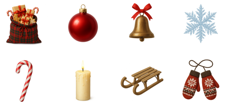 Christmas elements pack — tartan gift sack with presents, red bauble, brass bell with bow, frosty snowflake, candy cane, wax candle, wooden sled, knitted mittens, PNG transparent