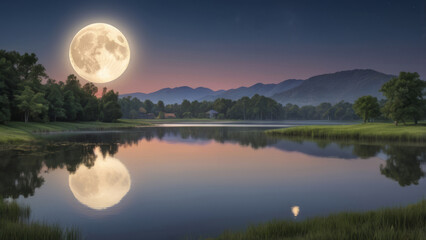 Full moon reflecting over calm lake at dusk