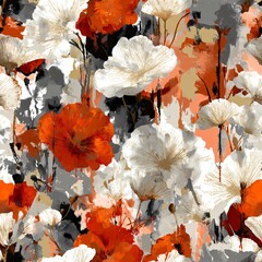 Naklejka premium Floral seamless pattern with abstract poppy flower and leaf shapes. Bohemian modern nature print for textile, fashion, wallpaper, and fabric. Botanical design.