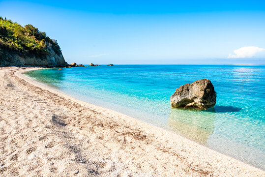 Amazing Avali beach with rocks in turquoise blue sea, Lefkada island, Greece