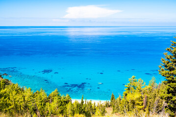 View of pine trees on sea coast and beautiful Avali beach with tuquoise water, Lefkada island, Greece