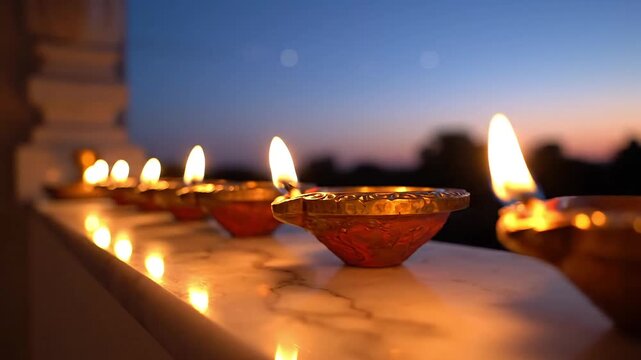 Row of traditional oil lamps illuminated against a twilight sky, casting a warm, inviting glow.