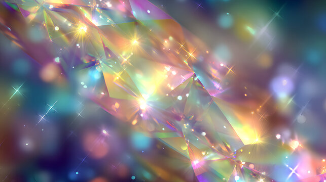 Bright rainbow light with crystal shine, diamond glow, sparkle beam, glitter flash, lens glare, iridescent bokeh, colorful effect, prism overlay and optical magic vector background design