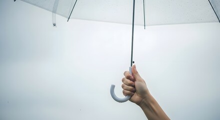 realistic shot of a hand holding a transparent umbrella under light rain
