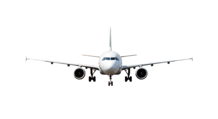 White passenger jet airplane, with engines and landing gear visible, cutout, PNG isolated on transparent background