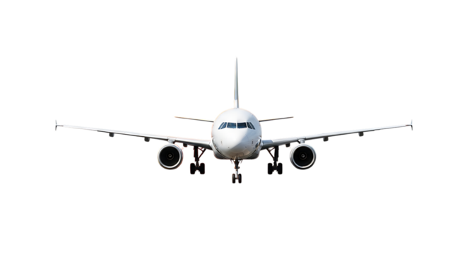 White passenger jet airplane, with engines and landing gear visible, cutout, PNG isolated on transparent background - Powered by Adobe
