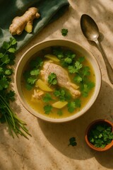 Chicken soup with ginger and cilantro in warm natural light