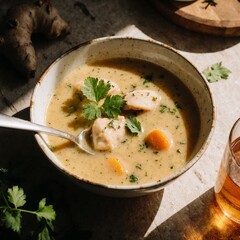 Creamy chicken soup with carrots and herbs in a rustic bowl