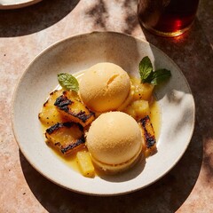 Mango sorbet with grilled pineapple and mint garnish